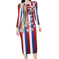 Hawaiian Polynesian Tribal Turtles Family Matching Long Sleeve Bodycon Dress and Hawaiian Shirt with Lei and Flag Style LT03 Mom's Dress Multicolor - Polynesian Pride