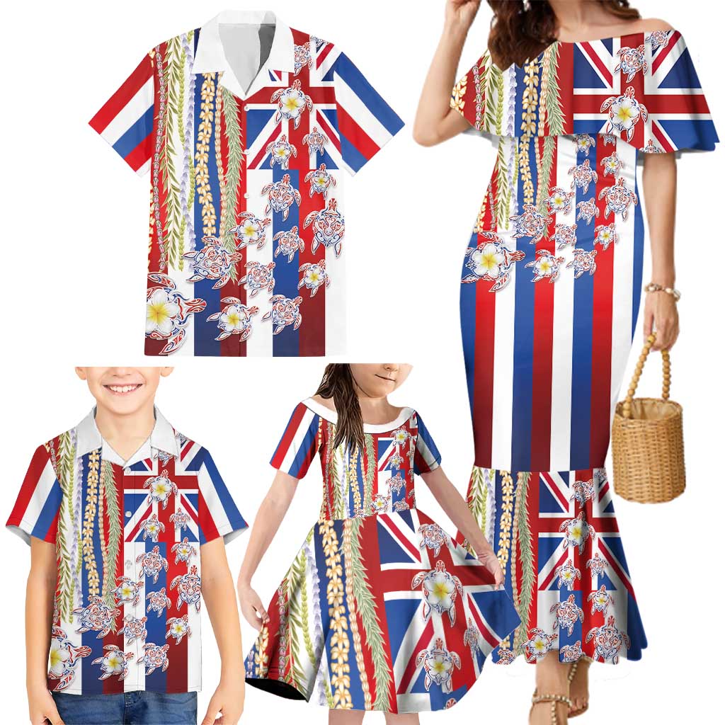 Hawaiian Polynesian Tribal Turtles Family Matching Mermaid Dress and Hawaiian Shirt with Lei and Flag Style