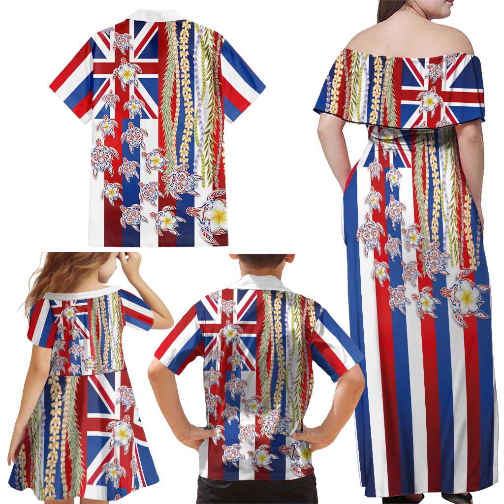 Hawaiian Polynesian Tribal Turtles Family Matching Off Shoulder Maxi Dress and Hawaiian Shirt with Lei and Flag Style LT03 - Polynesian Pride