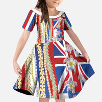 Hawaiian Polynesian Tribal Turtles Family Matching Off Shoulder Short Dress and Hawaiian Shirt with Lei and Flag Style LT03 Daughter's Dress Multicolor - Polynesian Pride