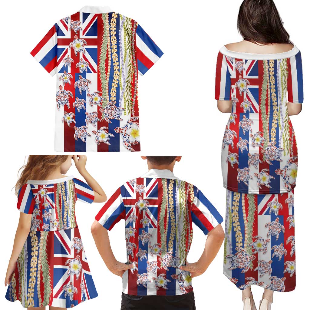 Hawaiian Polynesian Tribal Turtles Family Matching Puletasi and Hawaiian Shirt with Lei and Flag Style LT03 - Polynesian Pride