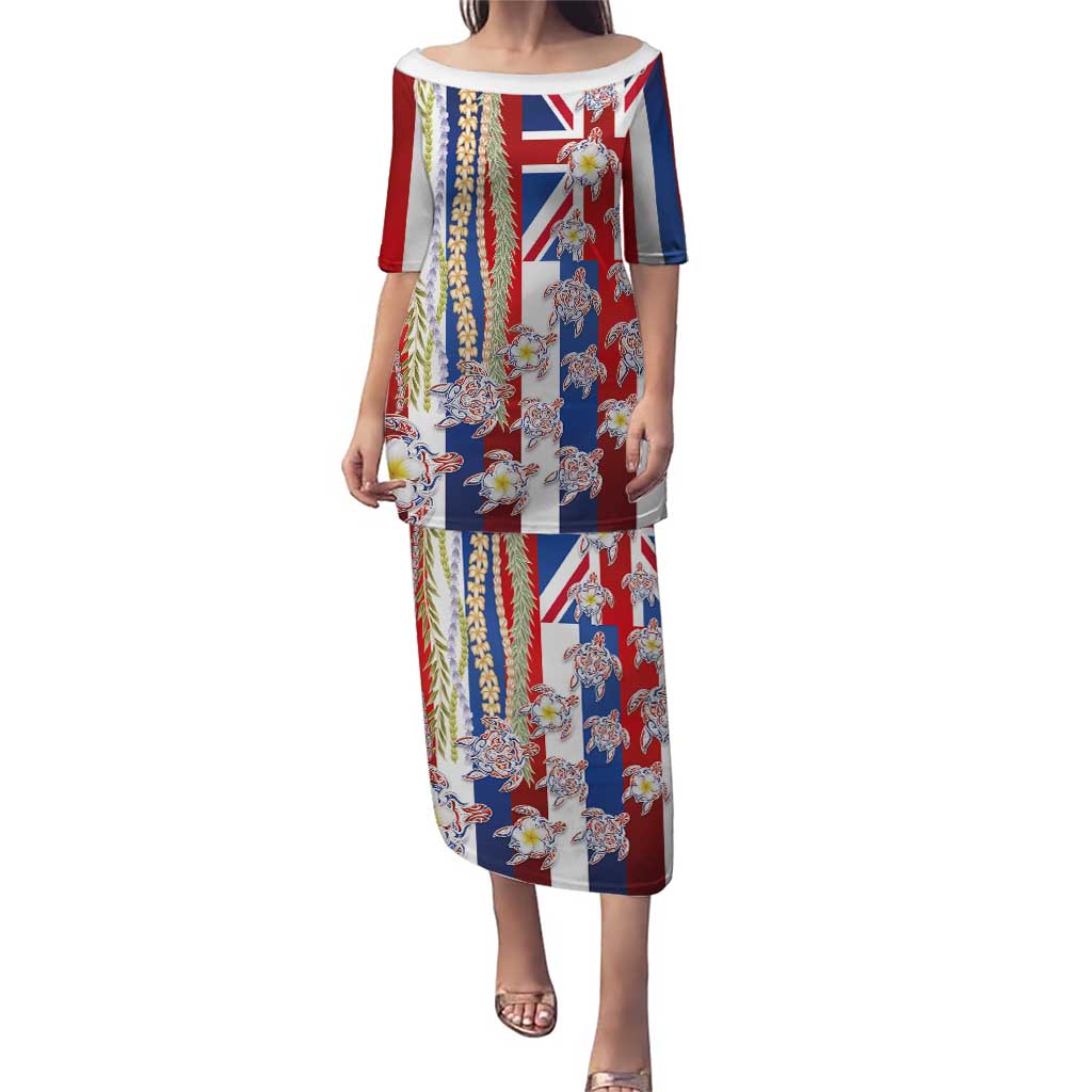 Hawaiian Polynesian Tribal Turtles Family Matching Puletasi and Hawaiian Shirt with Lei and Flag Style LT03 Mom's Dress Multicolor - Polynesian Pride