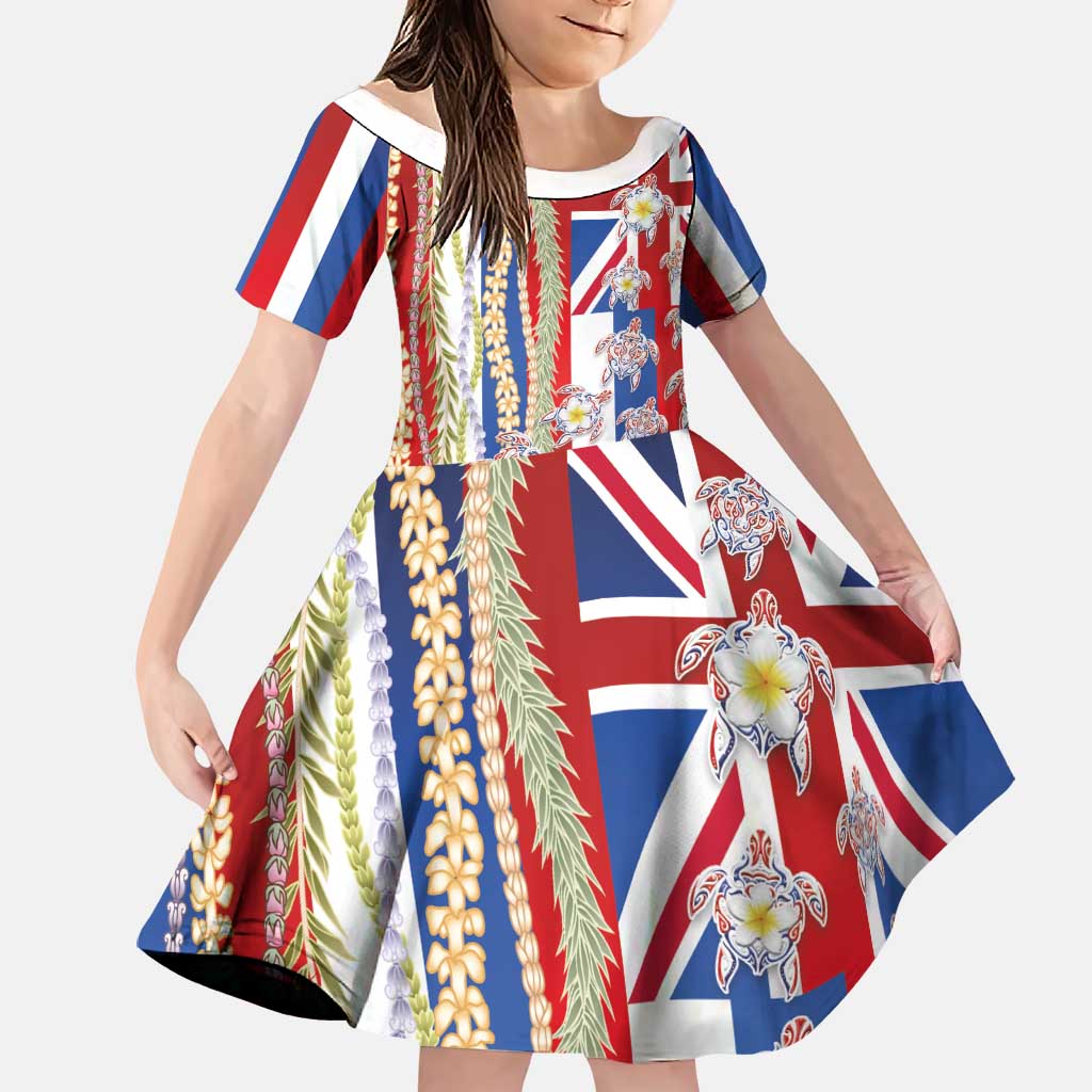 Hawaiian Polynesian Tribal Turtles Family Matching Short Sleeve Bodycon Dress and Hawaiian Shirt with Lei and Flag Style LT03 Daughter's Dress Multicolor - Polynesian Pride