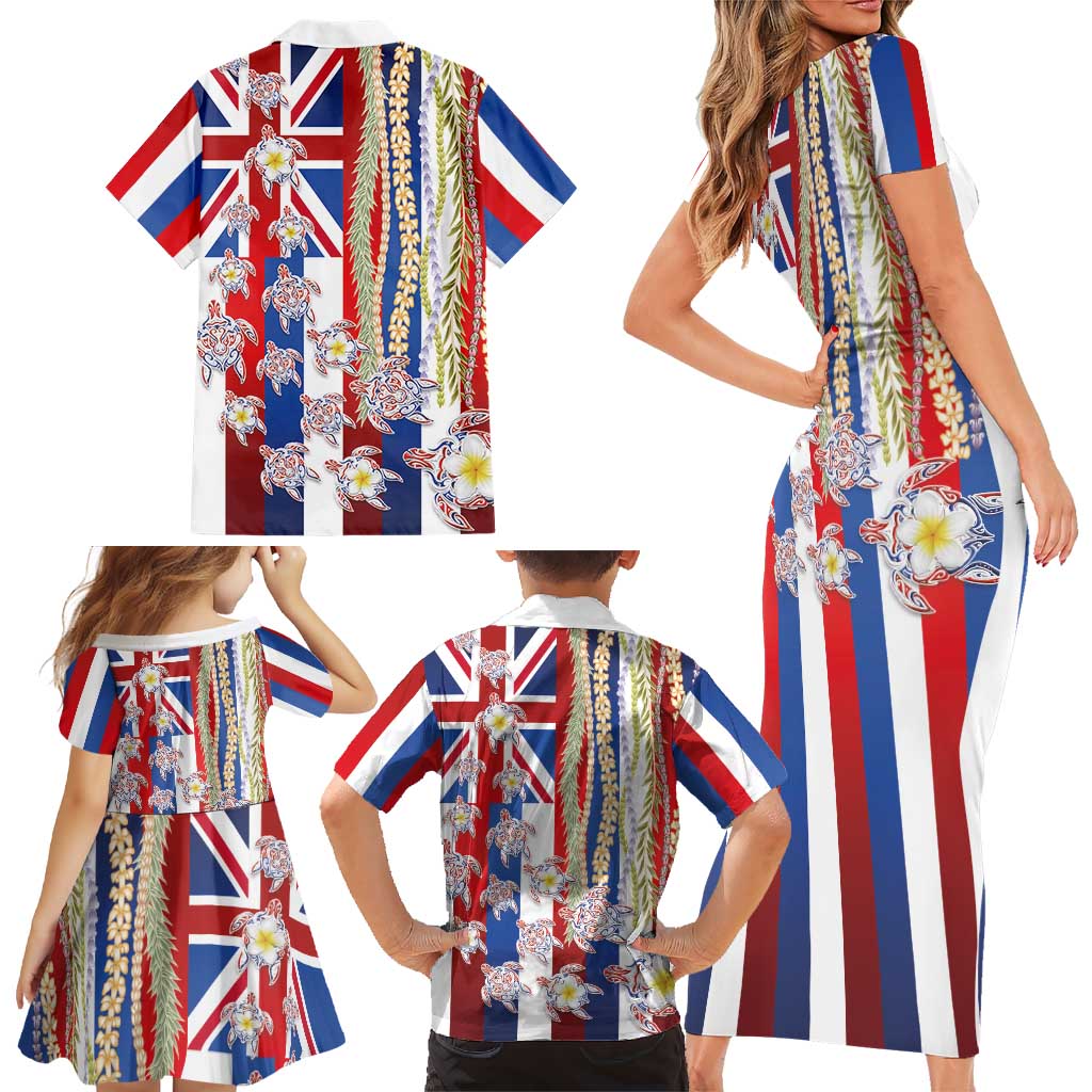 Hawaiian Polynesian Tribal Turtles Family Matching Short Sleeve Bodycon Dress and Hawaiian Shirt with Lei and Flag Style LT03 - Polynesian Pride