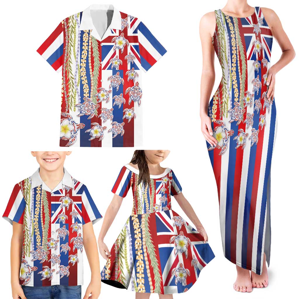 Hawaiian Polynesian Tribal Turtles Family Matching Tank Maxi Dress and Hawaiian Shirt with Lei and Flag Style