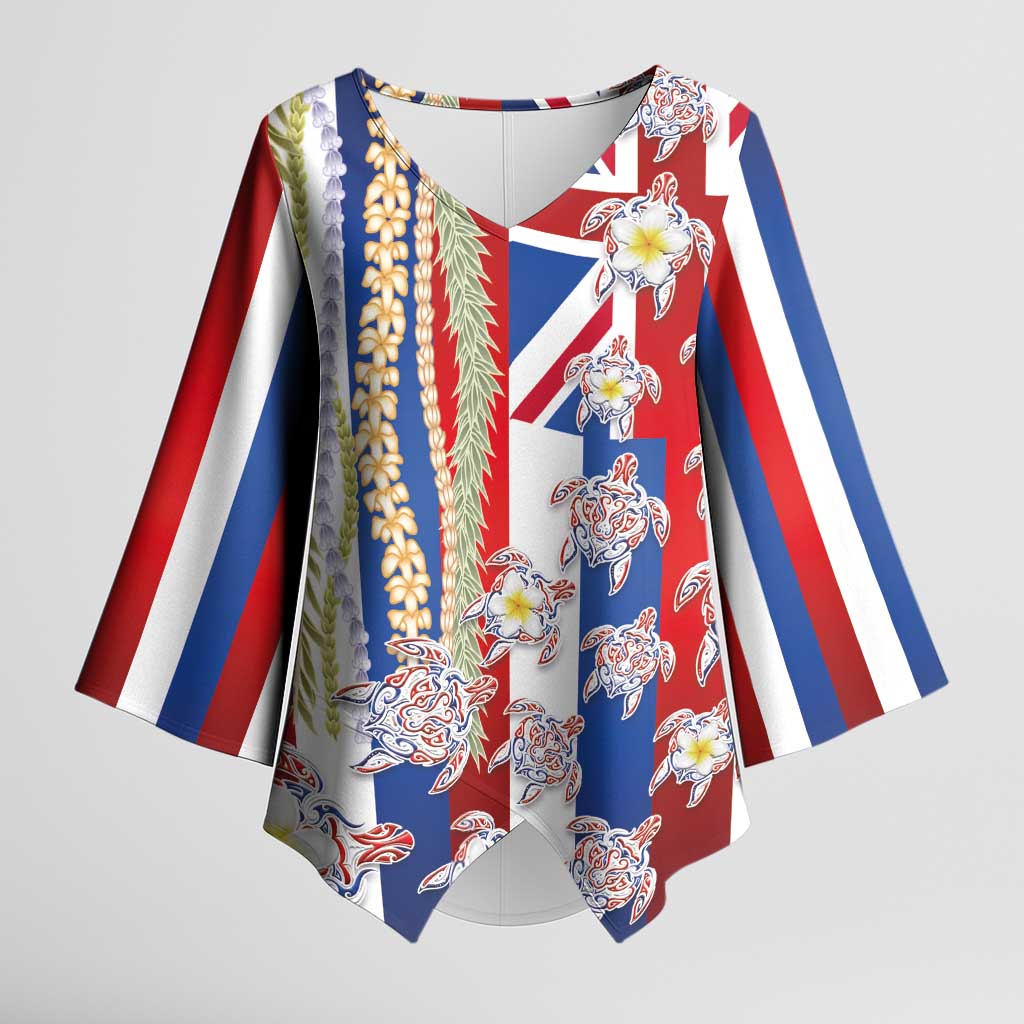 Hawaiian Polynesian Tribal Turtles Kimono Sleeve Blouse with Lei and Flag Style