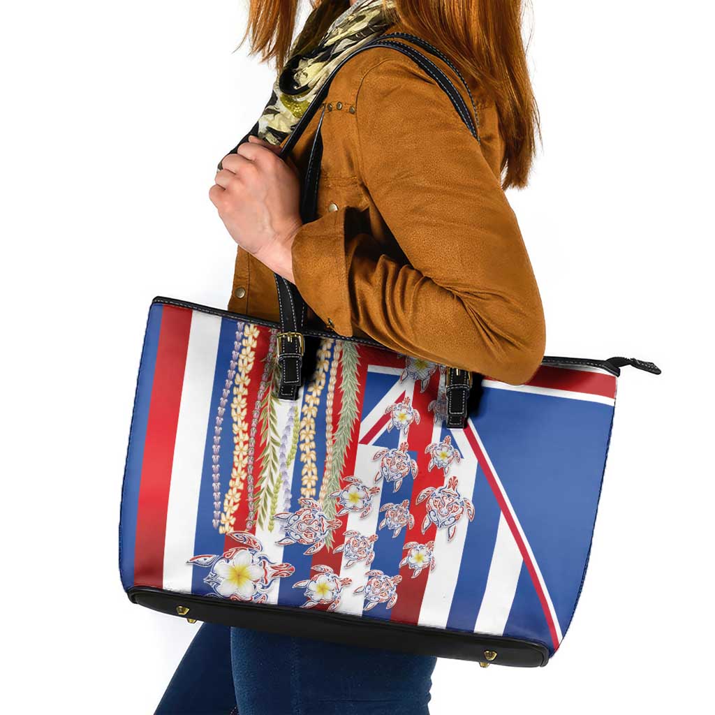 Hawaiian Polynesian Tribal Turtles Leather Tote Bag with Lei and Flag Style