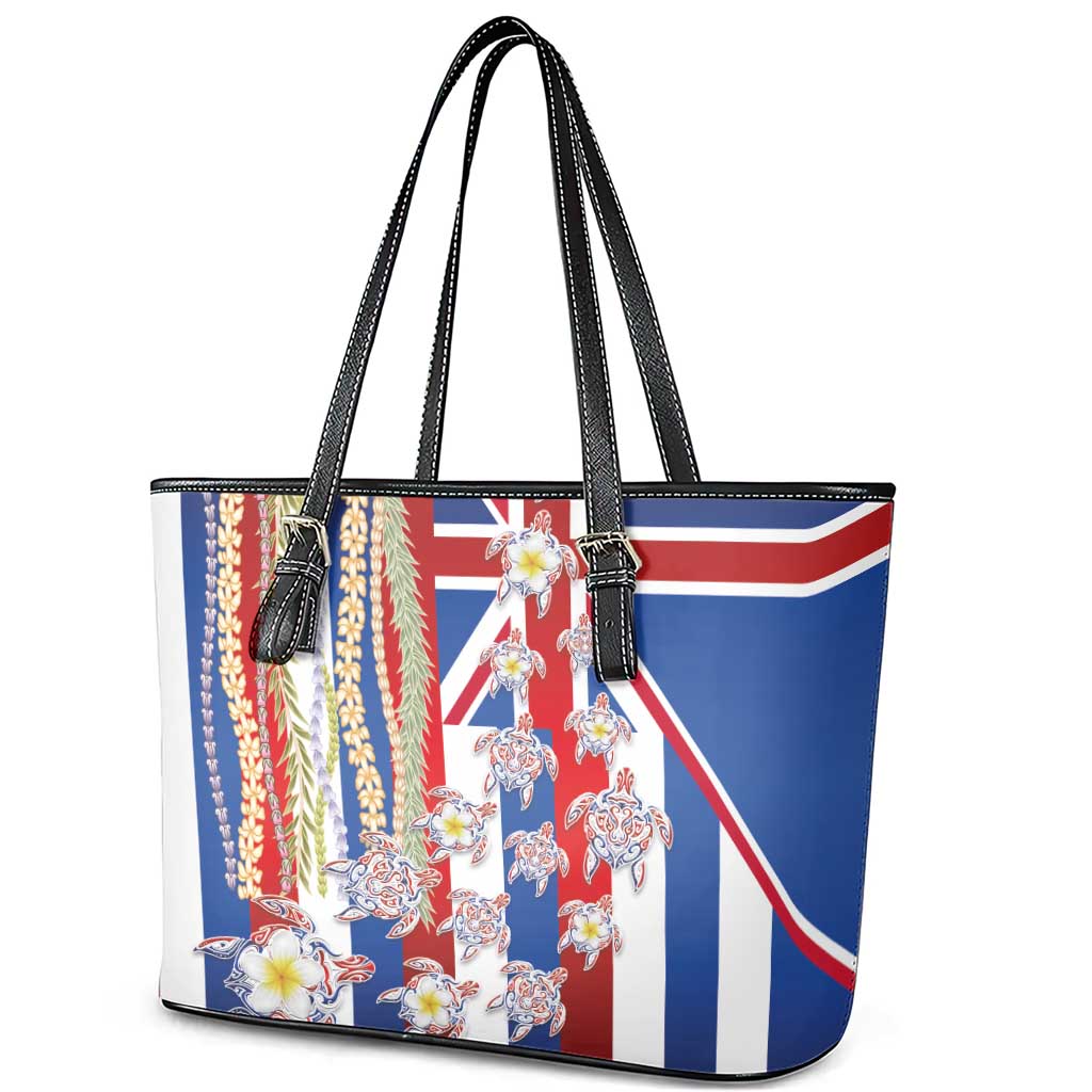 Hawaiian Polynesian Tribal Turtles Leather Tote Bag with Lei and Flag Style