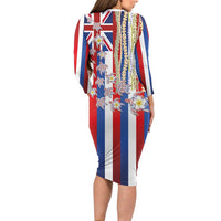 Hawaiian Polynesian Tribal Turtles Long Sleeve Bodycon Dress with Lei and Flag Style