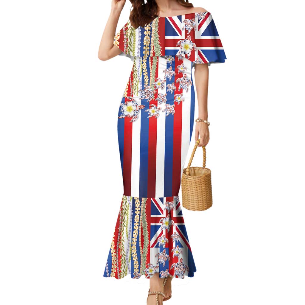Hawaiian Polynesian Tribal Turtles Mermaid Dress with Lei and Flag Style