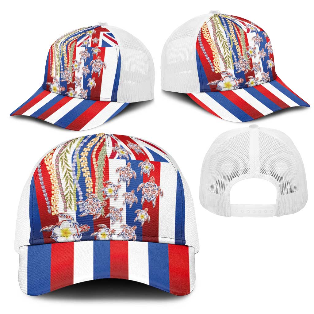 Hawaiian Polynesian Tribal Turtles Mesh Trucker Cap with Lei and Flag Style