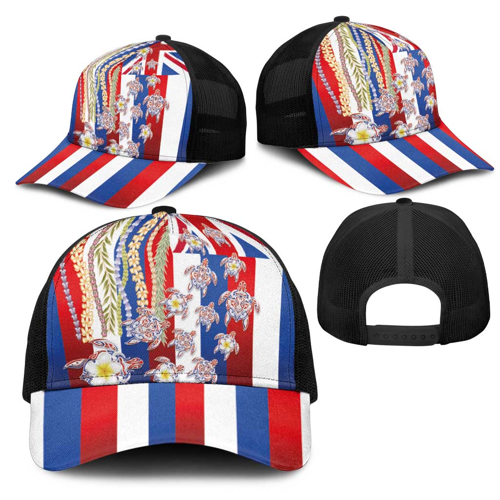 Hawaiian Polynesian Tribal Turtles Mesh Trucker Cap with Lei and Flag Style