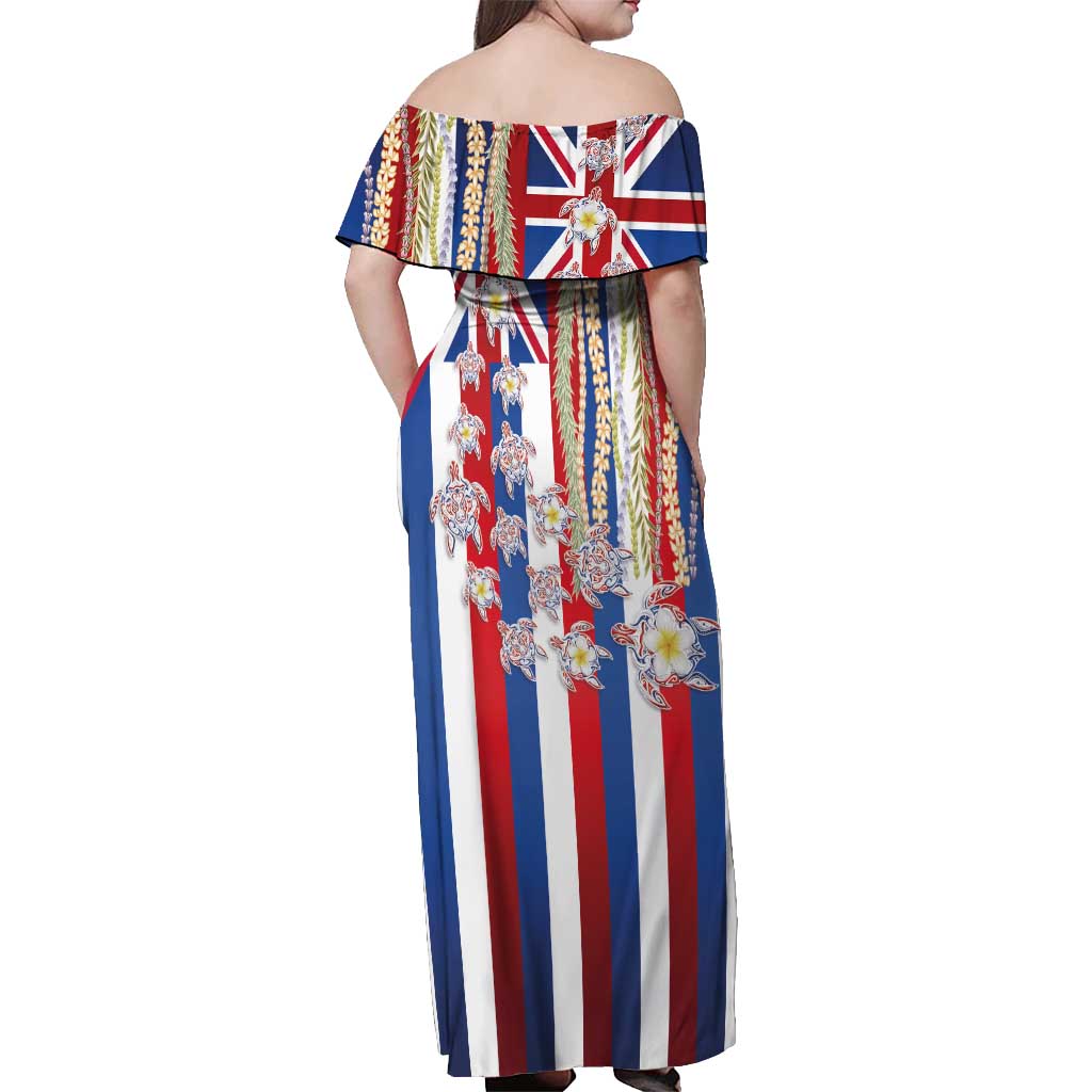 Hawaiian Polynesian Tribal Turtles Off Shoulder Maxi Dress with Lei and Flag Style