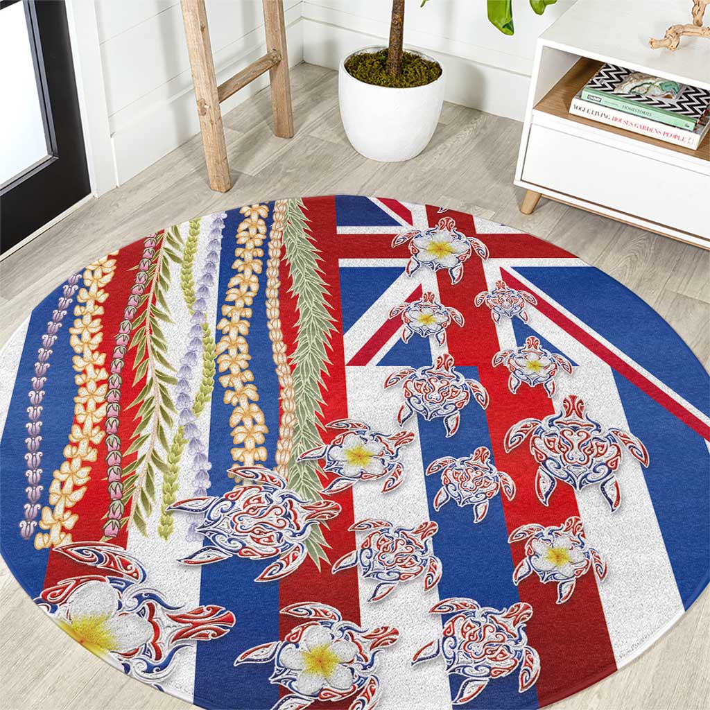 Hawaiian Polynesian Tribal Turtles Round Carpet with Lei and Flag Style