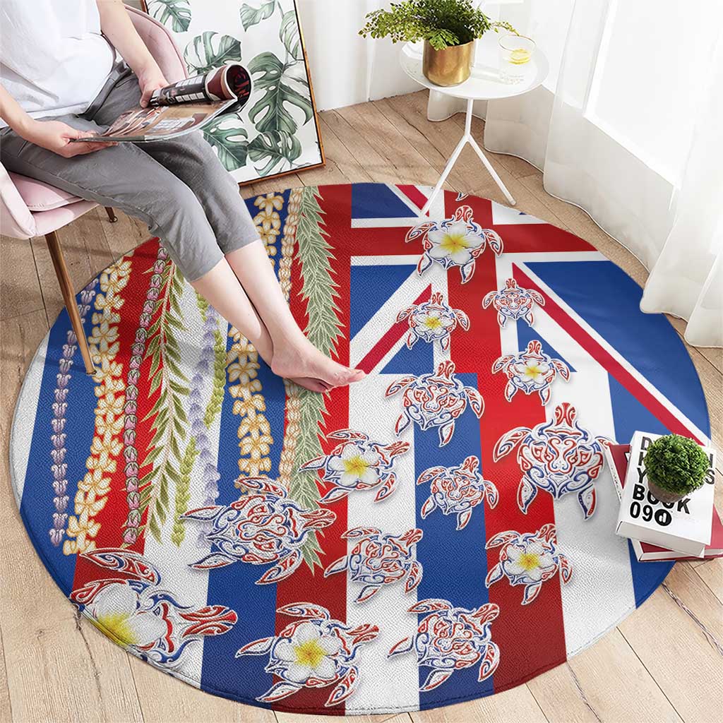 Hawaiian Polynesian Tribal Turtles Round Carpet with Lei and Flag Style
