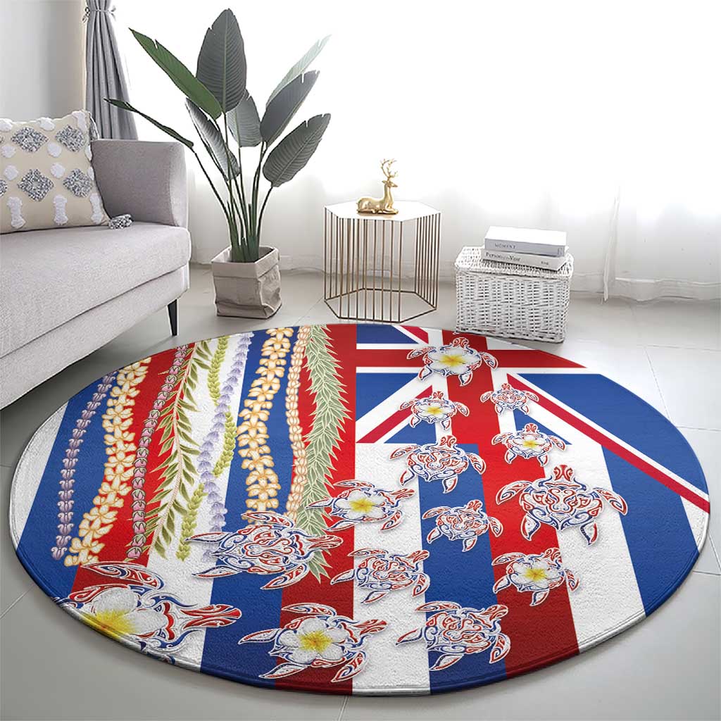 Hawaiian Polynesian Tribal Turtles Round Carpet with Lei and Flag Style