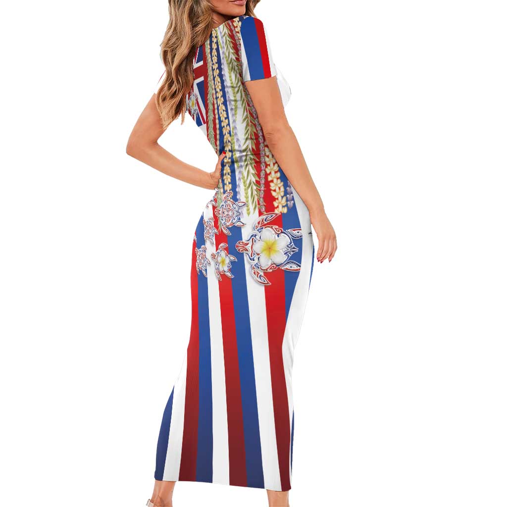 Hawaiian Polynesian Tribal Turtles Short Sleeve Bodycon Dress with Lei and Flag Style