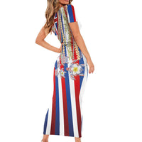 Hawaiian Polynesian Tribal Turtles Short Sleeve Bodycon Dress with Lei and Flag Style