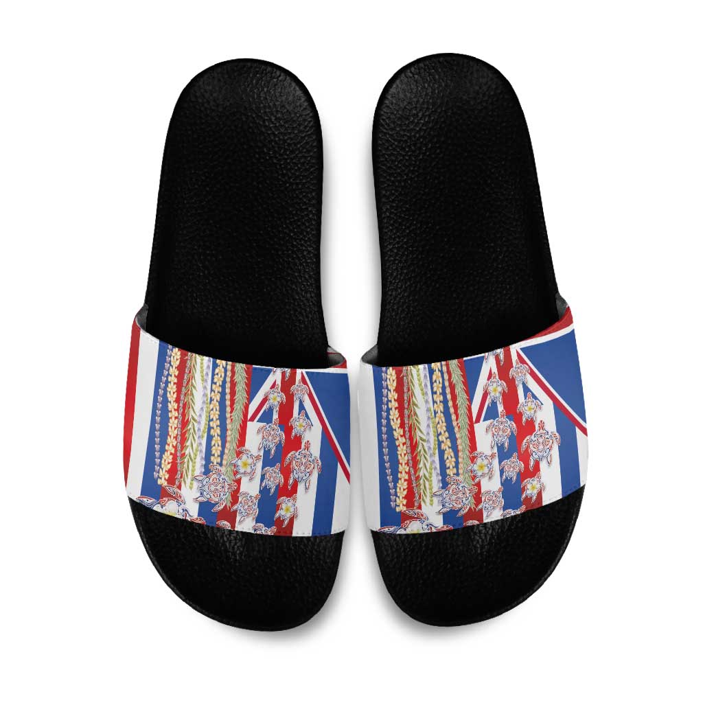 Hawaiian Polynesian Tribal Turtles Slide Sandals with Lei and Flag Style