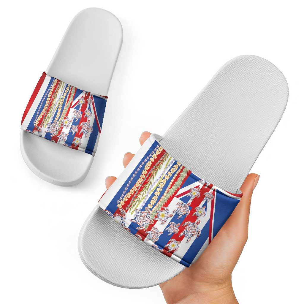 Hawaiian Polynesian Tribal Turtles Slide Sandals with Lei and Flag Style
