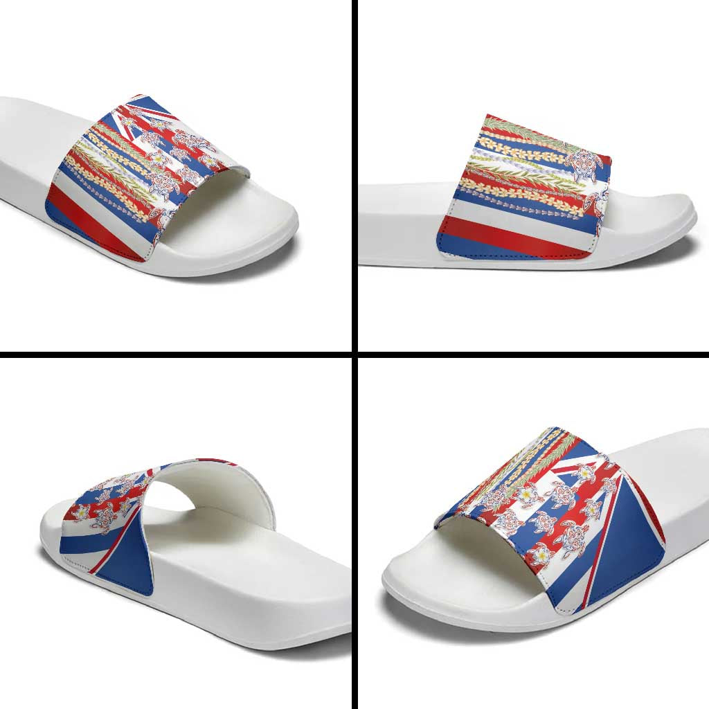 Hawaiian Polynesian Tribal Turtles Slide Sandals with Lei and Flag Style