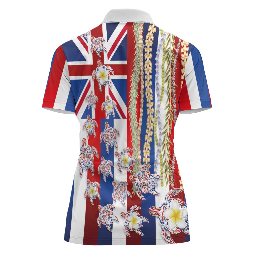 Hawaiian Polynesian Tribal Turtles Women Polo Shirt with Lei and Flag Style