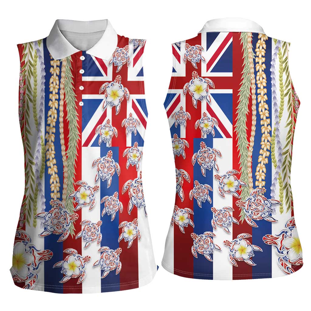 Hawaiian Polynesian Tribal Turtles Women Sleeveless Polo Shirt with Lei and Flag Style