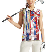 Hawaiian Polynesian Tribal Turtles Women Sleeveless Polo Shirt with Lei and Flag Style