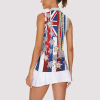 Hawaiian Polynesian Tribal Turtles Women Sleeveless Polo Shirt with Lei and Flag Style
