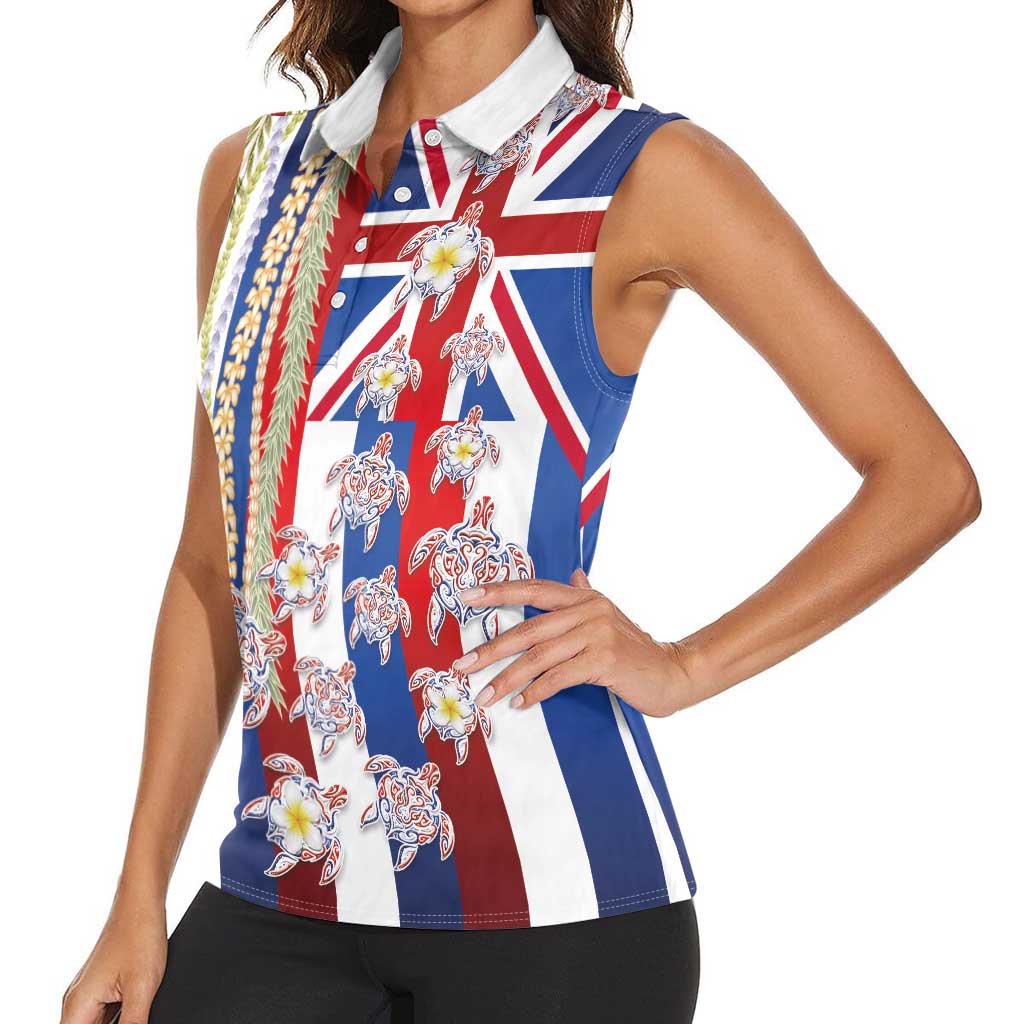 Hawaiian Polynesian Tribal Turtles Women Sleeveless Polo Shirt with Lei and Flag Style