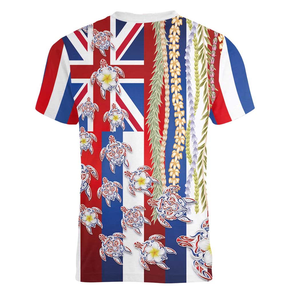 Hawaiian Polynesian Tribal Turtles Women V-Neck T-Shirt with Lei and Flag Style