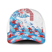 Hawaiian Tribal Manta Ray Baseball Net Cap Kakau Tattoo and Flowers Surfing Waves Pattern Ocean Color
