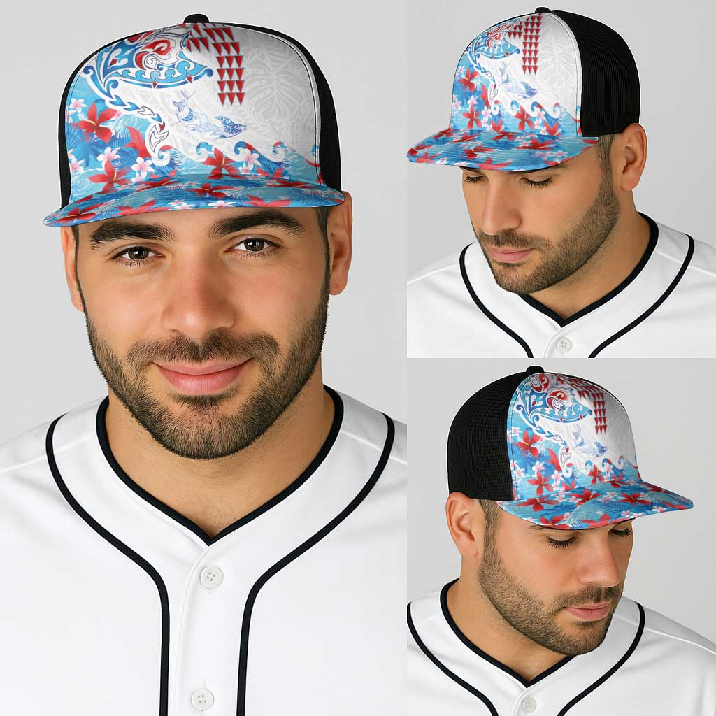 Hawaiian Tribal Manta Ray Baseball Net Cap Kakau Tattoo and Flowers Surfing Waves Pattern Ocean Color