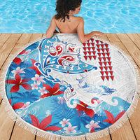 Hawaiian Tribal Manta Ray Beach Blanket Kakau Tattoo and Flowers Surfing Waves Pattern Ocean Color