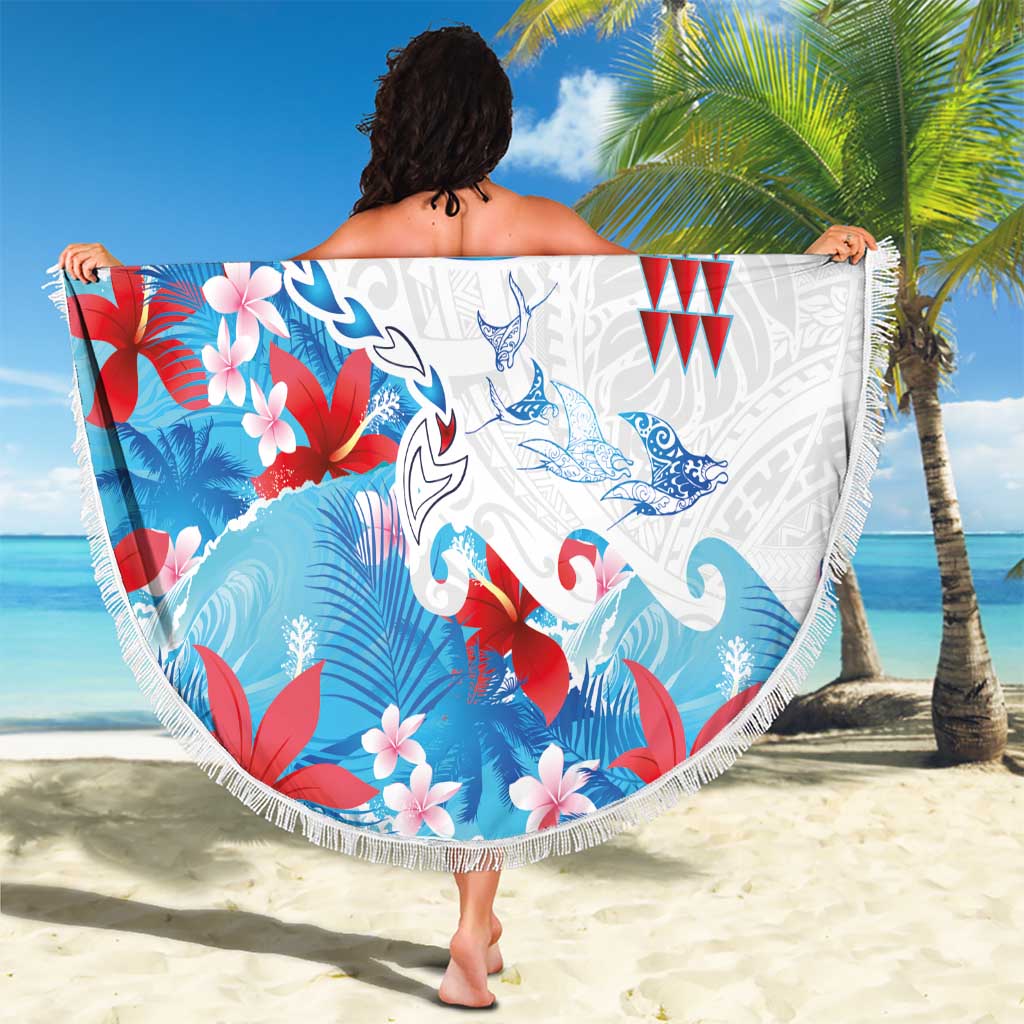 Hawaiian Tribal Manta Ray Beach Blanket Kakau Tattoo and Flowers Surfing Waves Pattern Ocean Color