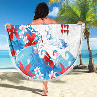 Hawaiian Tribal Manta Ray Beach Blanket Kakau Tattoo and Flowers Surfing Waves Pattern Ocean Color