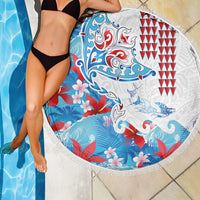 Hawaiian Tribal Manta Ray Beach Blanket Kakau Tattoo and Flowers Surfing Waves Pattern Ocean Color