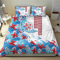 Hawaiian Tribal Manta Ray Bedding Set Kakau Tattoo and Flowers Surfing Waves Pattern Ocean Color