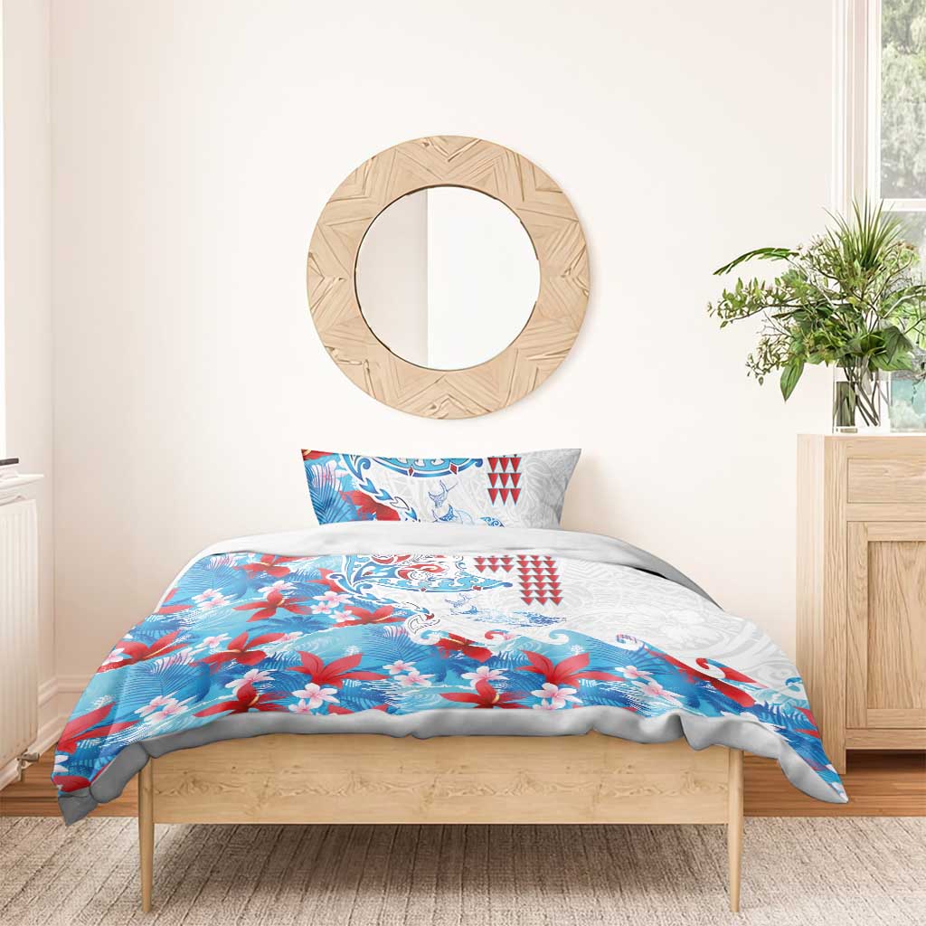 Hawaiian Tribal Manta Ray Bedding Set Kakau Tattoo and Flowers Surfing Waves Pattern Ocean Color