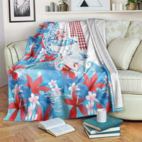 Hawaiian Tribal Manta Ray Blanket Kakau Tattoo and Flowers Surfing Waves Pattern Ocean Color