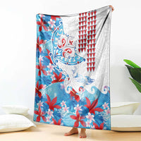 Hawaiian Tribal Manta Ray Blanket Kakau Tattoo and Flowers Surfing Waves Pattern Ocean Color