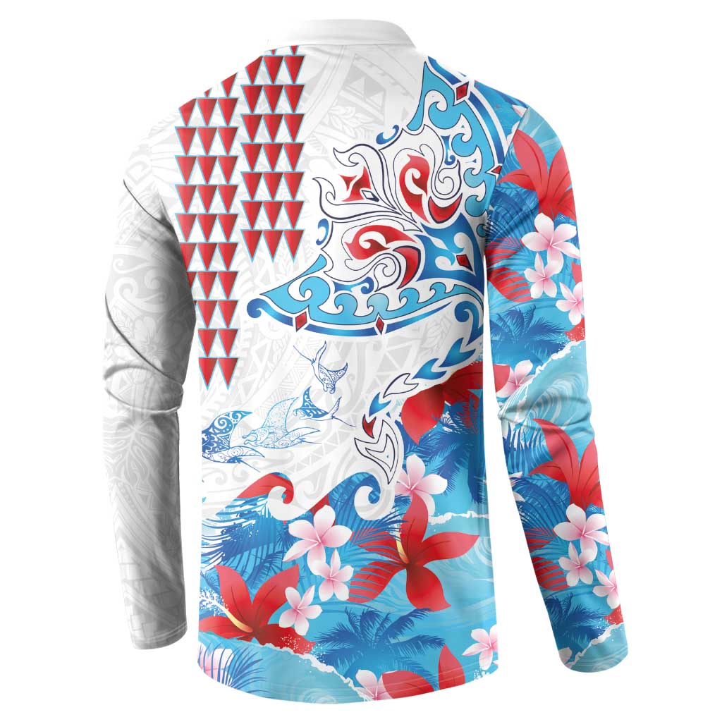 Hawaiian Tribal Manta Ray Button Sweatshirt Kakau Tattoo and Flowers Surfing Waves Pattern Ocean Color