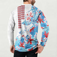 Hawaiian Tribal Manta Ray Button Sweatshirt Kakau Tattoo and Flowers Surfing Waves Pattern Ocean Color