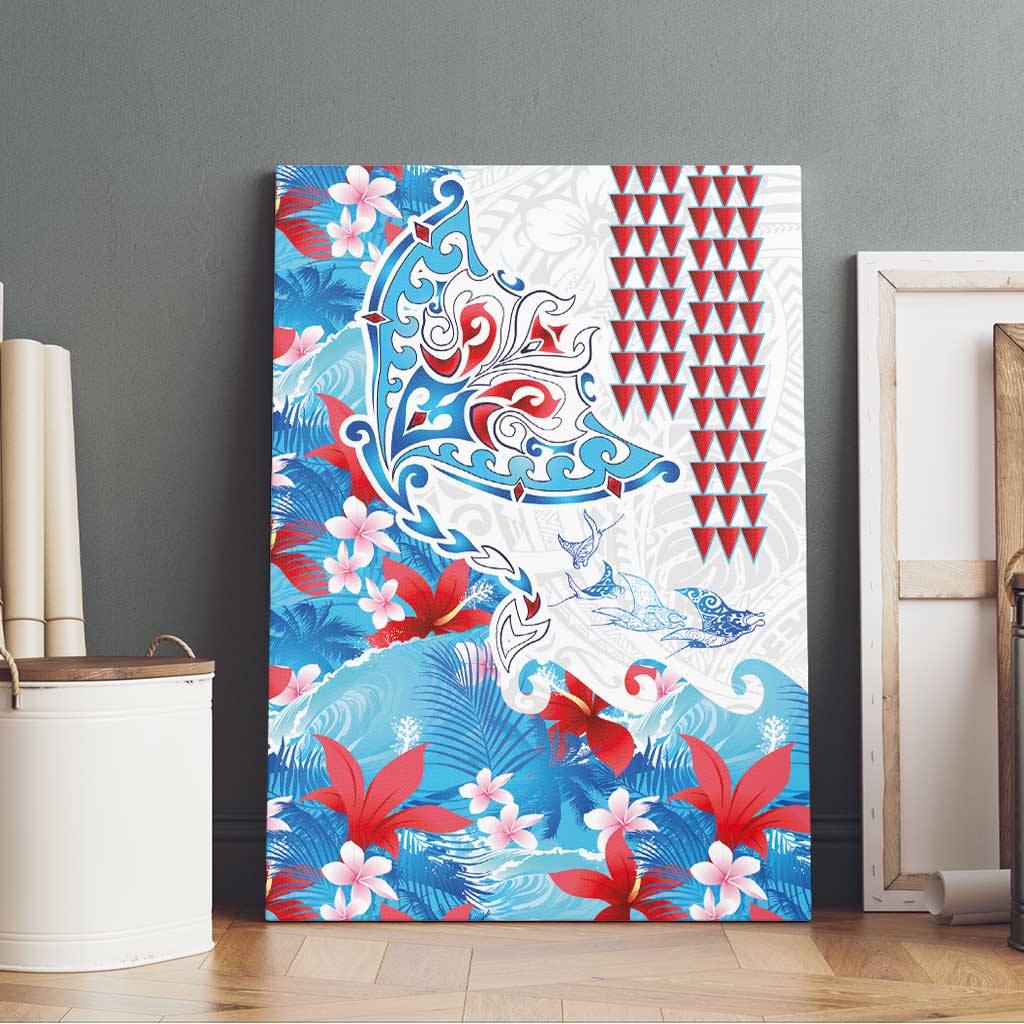 Hawaiian Tribal Manta Ray Canvas Wall Art Kakau Tattoo and Flowers Surfing Waves Pattern Ocean Color