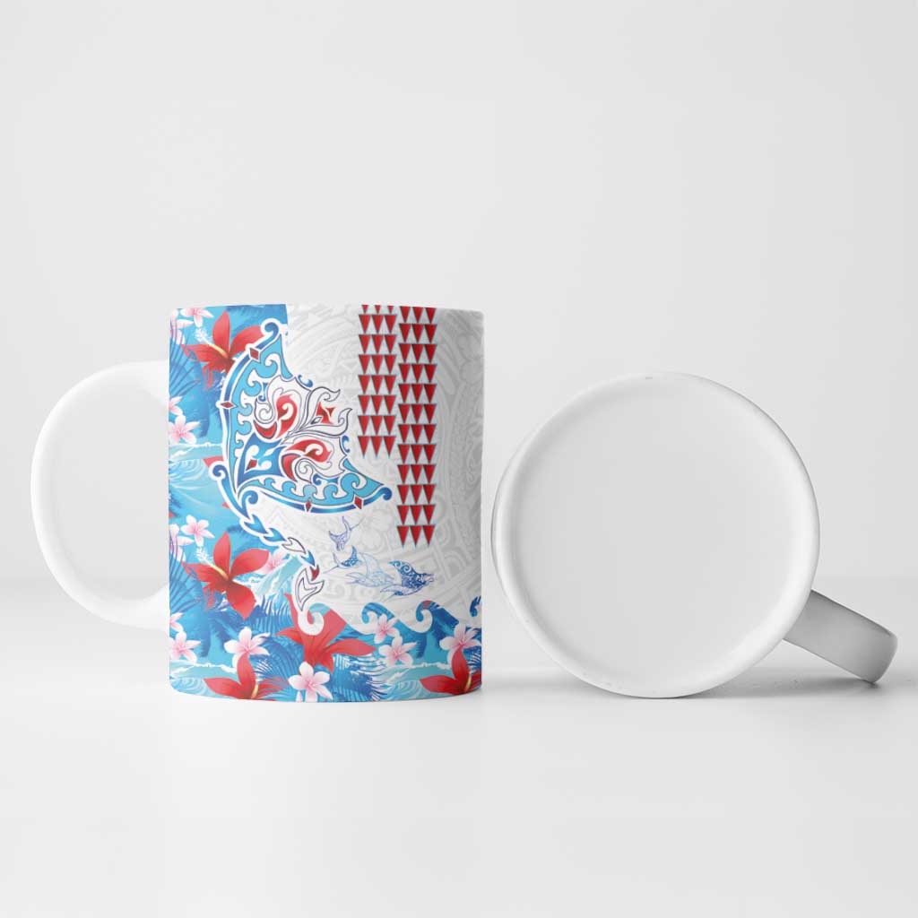Hawaiian Tribal Manta Ray Ceramic Mug Kakau Tattoo and Flowers Surfing Waves Pattern Ocean Color
