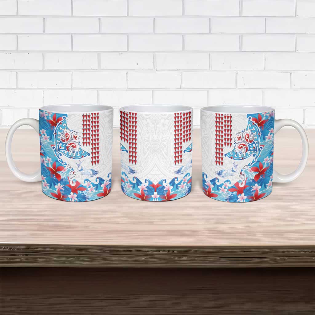 Hawaiian Tribal Manta Ray Ceramic Mug Kakau Tattoo and Flowers Surfing Waves Pattern Ocean Color