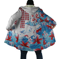 Hawaiian Tribal Manta Ray Cloak Kakau Tattoo and Flowers Surfing Waves Pattern Ocean Color