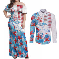 Hawaiian Tribal Manta Ray Couples Matching Off Shoulder Maxi Dress and Long Sleeve Button Shirt Kakau Tattoo and Flowers Surfing Waves Pattern Ocean Color LT03 Multicolor - Polynesian Pride