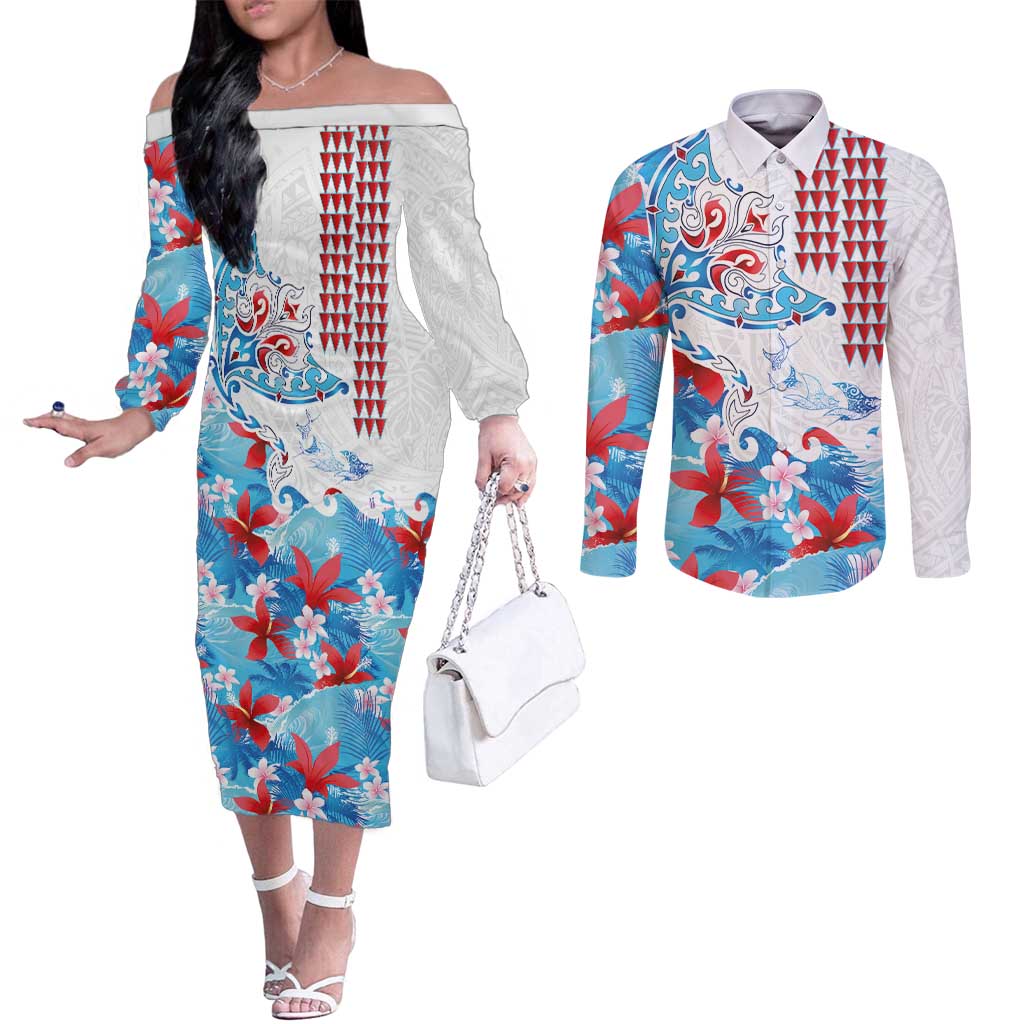 Hawaiian Tribal Manta Ray Couples Matching Off The Shoulder Long Sleeve Dress and Long Sleeve Button Shirt Kakau Tattoo and Flowers Surfing Waves Pattern Ocean Color