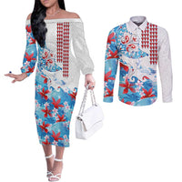 Hawaiian Tribal Manta Ray Couples Matching Off The Shoulder Long Sleeve Dress and Long Sleeve Button Shirt Kakau Tattoo and Flowers Surfing Waves Pattern Ocean Color LT03 Multicolor - Polynesian Pride